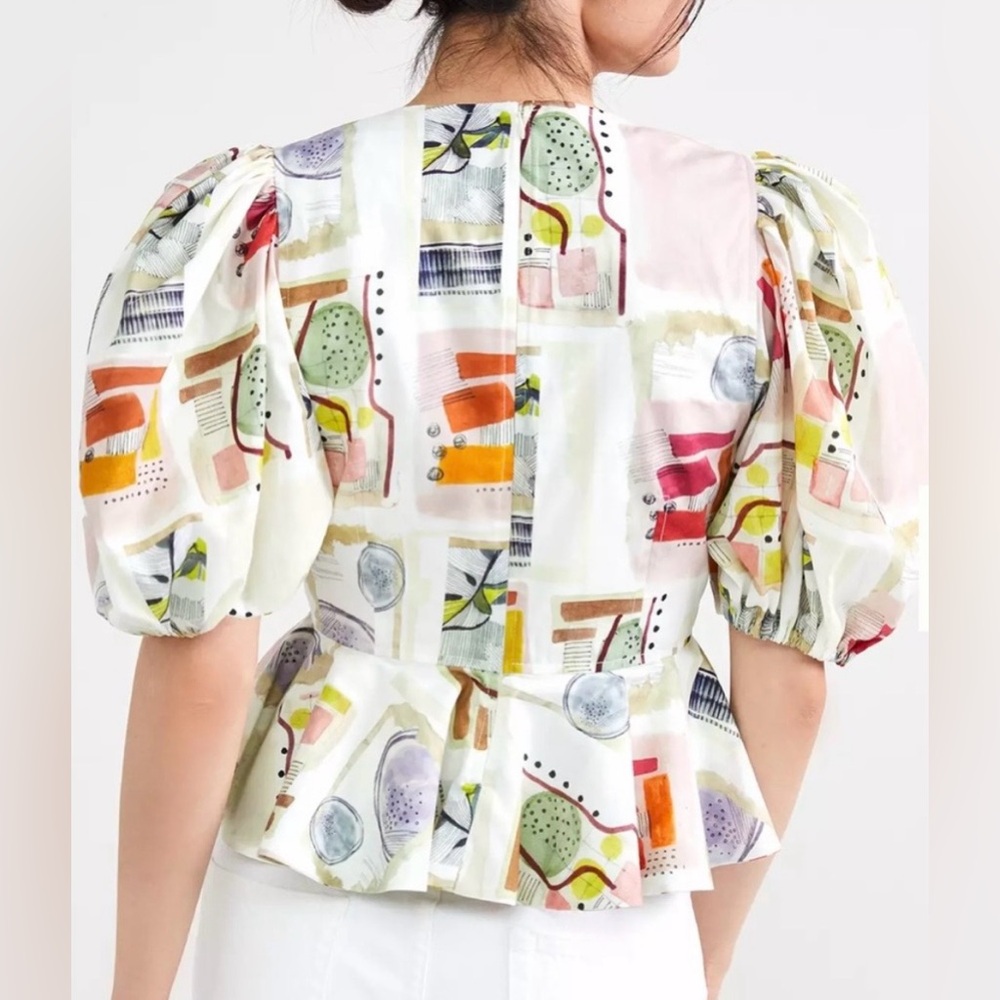 NWT- Hunter Bell NYC Cotton Abstract Print Puff Sleeve Peplum Blouse- Sz  2